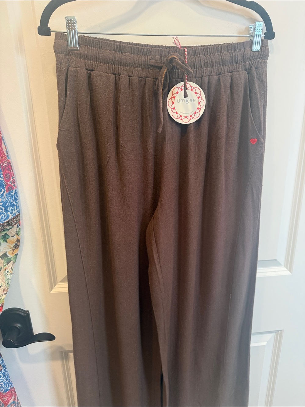 Umgee Brown Drawstring Wide Leg Pants with Red Heart Accent